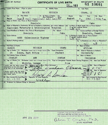 Alleged long form birth certificate of Barack Hussein Obama