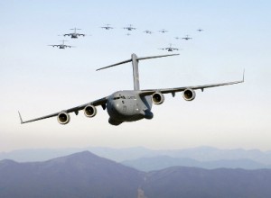 A C-17 Globemaster III on a low-level training mission over the Blue Ridge Mountains. An example of strategic capability.