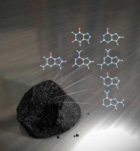A meteorite and some of the purine bases found in it, part of the NASA DNA find.