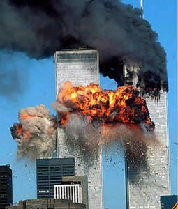 The second plane hits the South Tower. Some 9/11 conspiracy theories said that this plane did not exist.