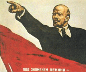 Vladimir Lenin, shouting "Forward!" Obama imitates him.
