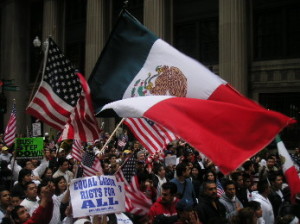 Symbol of fundamental change: Mexican flag at an immigration rally in an American city