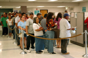 The unemployment line. The real symbol of the Obama economy, with lower-paying jobs.