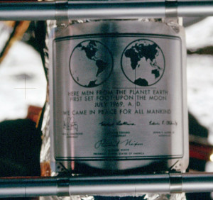The Apollo 11 plaque on the LM ladder.