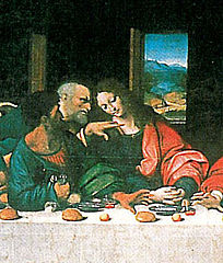 Judas, moneybag in hand, at the Last Supper