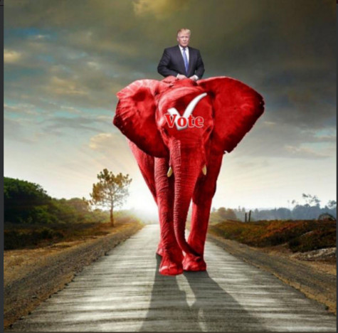 Donald Trump rides the red elephant to a near-total victory on 6 November 2018.