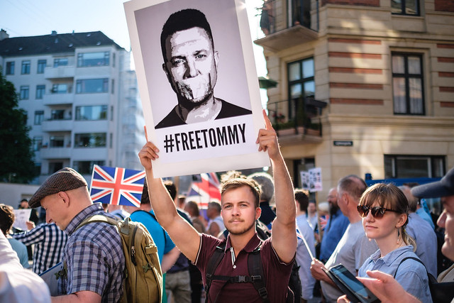 Demonstrators in Copenhagen, Denmark, call for the release of Tommy Robinson.