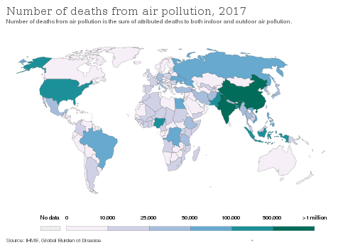 Number of deaths from air pollution by nation-state, 2017. The countries having the worst pollution problems also have the worst COVID-19 mortalities.