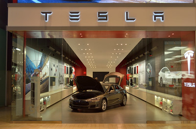 A Tesla car in its showroom