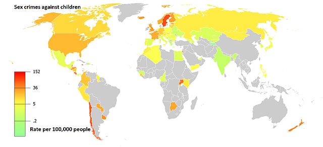 Sexual crimes against children (pedophilia) rates per 100000 population.