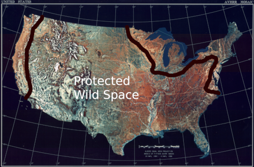 Protected Wild Space in the present Lower Forty-eight. Beyond the lines lie the North American Polity territories.