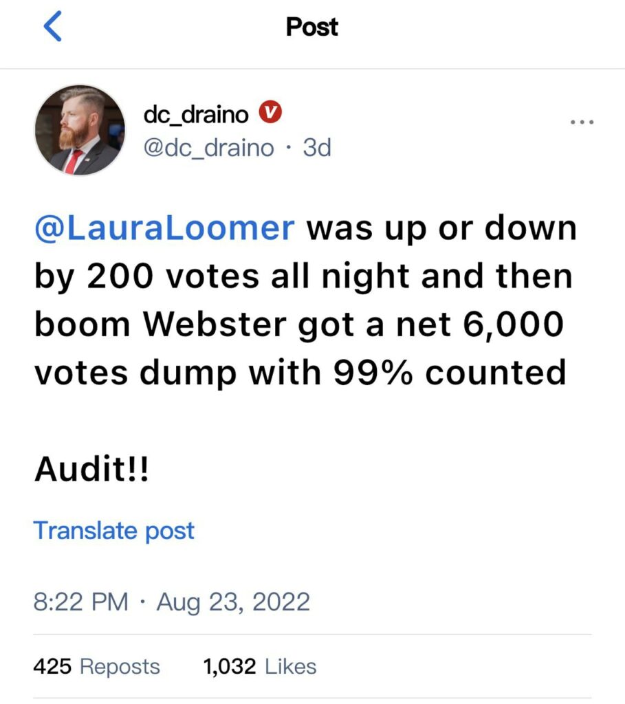 Laura Loomer was up and down by 200 votes and then BOOM Webster got a net 6000 votes dump with 99% counted. Audit!