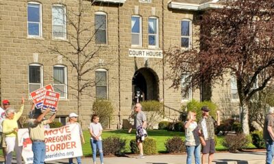 Greater Idaho counter-demonstration in front of Wallow County Courthouse, Enterprise, Oregon, May 15, 2023.