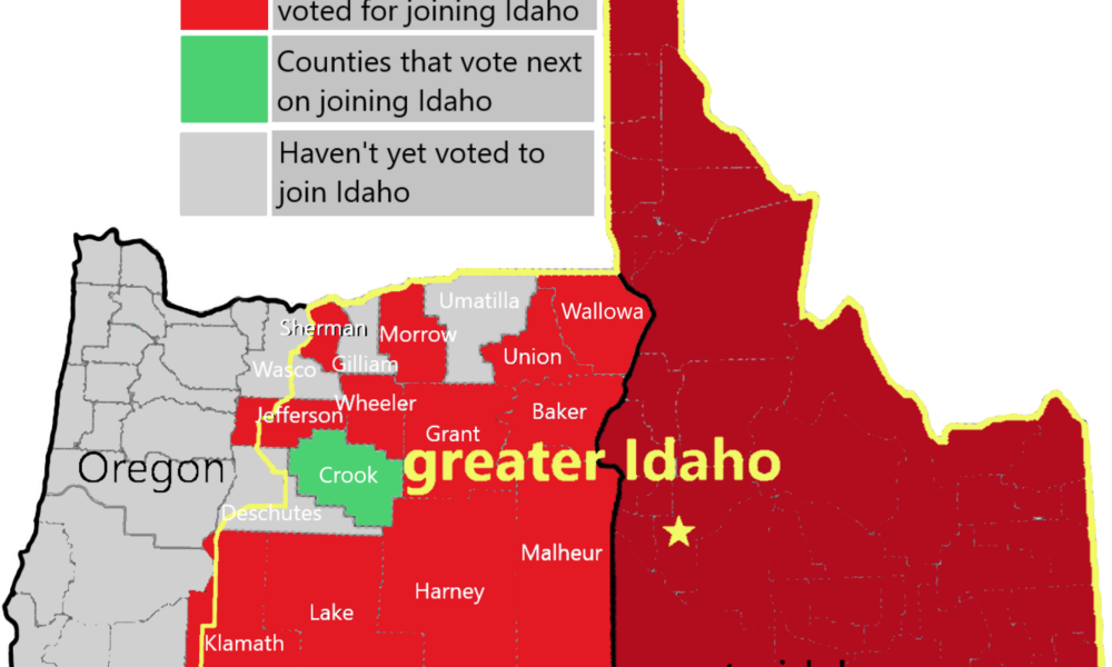 Greater Idaho county vote map as of 7 June 2023, showing Wallowa County having joined in and Crook County next to vote.