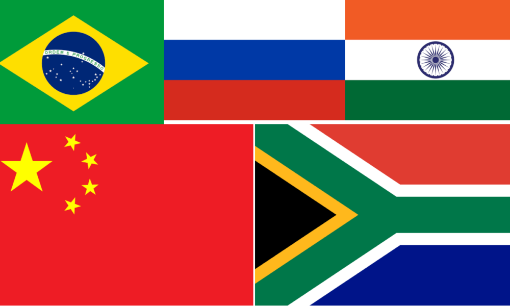 BRICS charter member states. L-R, T-B: Brazil, Russia, India, China (Mainland), South Africa.