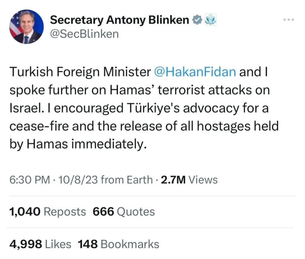 Secretary Blinken's post calling for a cease-fire, screencap