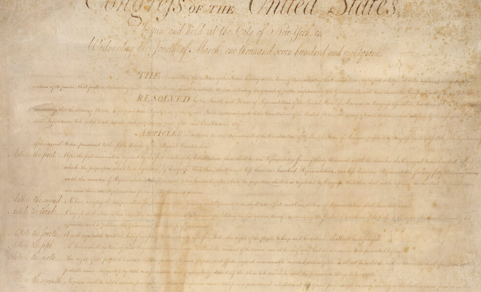 An image of the original Bill of Rights, the first twelve proposals for Constitutional amendments, containing the Second Amendment (here numbered the Fourth)