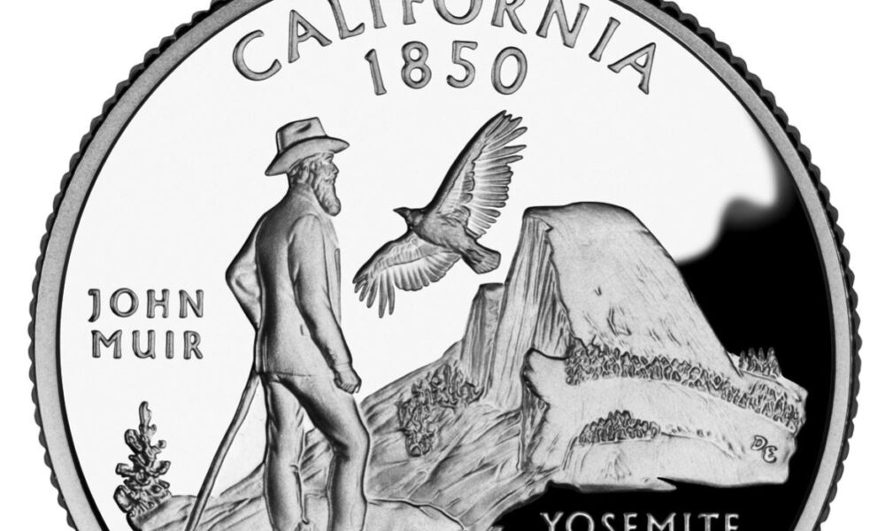 California state quarter reverse featuring John Muir and the Yosemite Valley