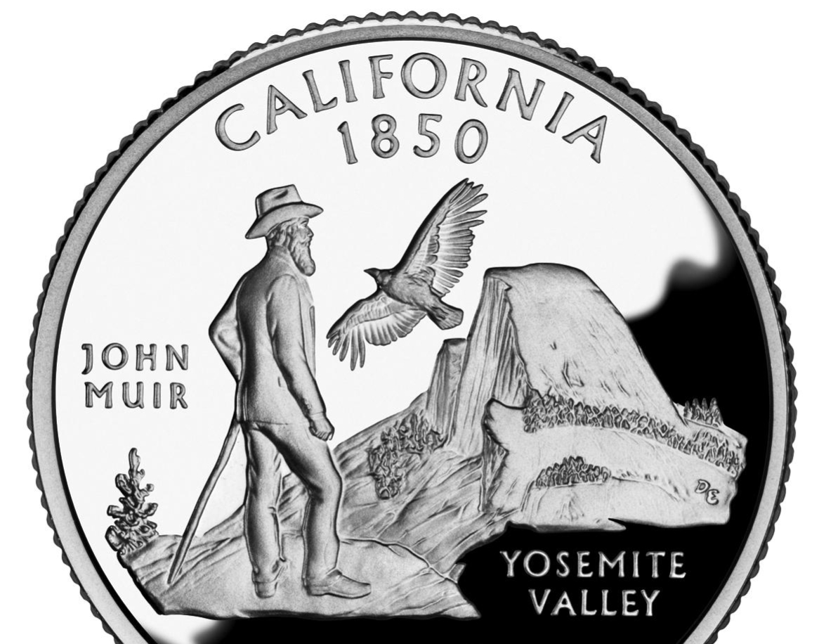 California state quarter reverse featuring John Muir and the Yosemite Valley