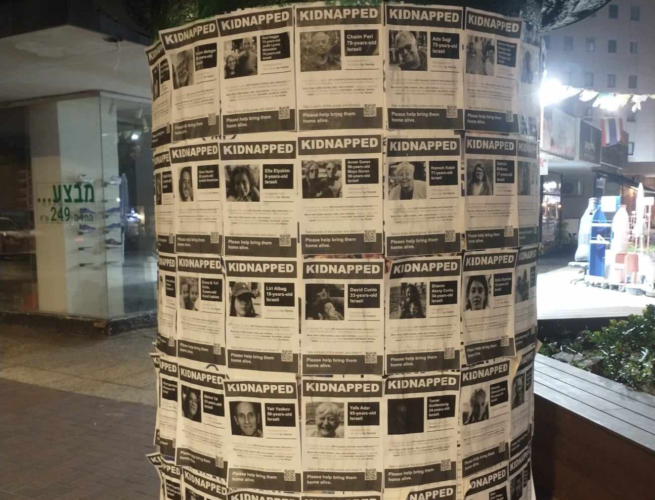 Pole of Kidnapped posters of hostages taken in the Fourth Arab-Israeli War on 7 October 2023