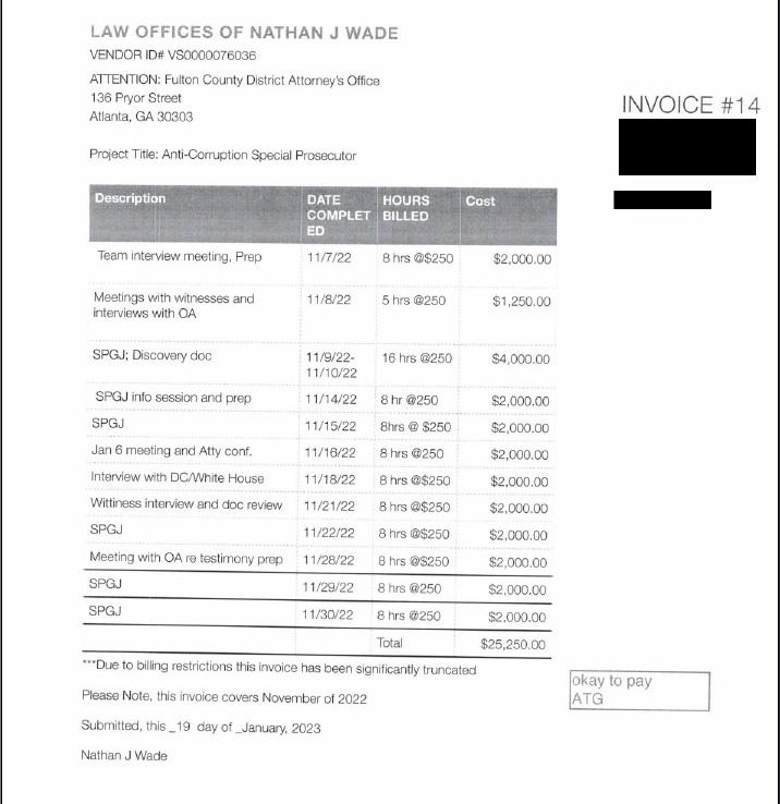 Invoice 14 by Nathan J. Wade to Fulton Co DA re Trump case