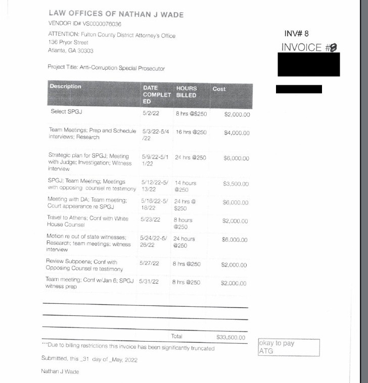 Invoice 8 by Nathan J. Wade to Fulton Co DA re Trump case