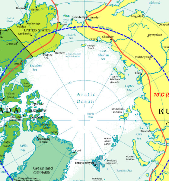Arctic ocean, polar projection showing Canada (Inuit Nunangat), Alaska, northern Russia, and Greenland.