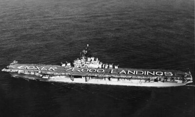 Pre-nuclear U.S. Navy aircraft carrier USS Boxer CVA-21 celebrates 75,000 landings in 1955