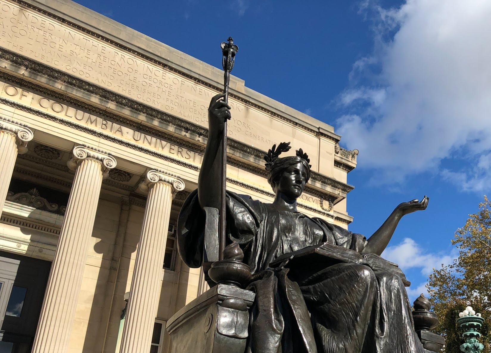 Columbia University library, close-up angle with statue in foreground