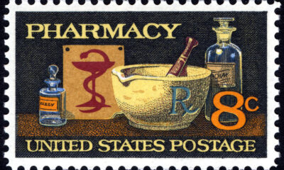 8 cent commemorative stamp remembering the concept of pharmacy