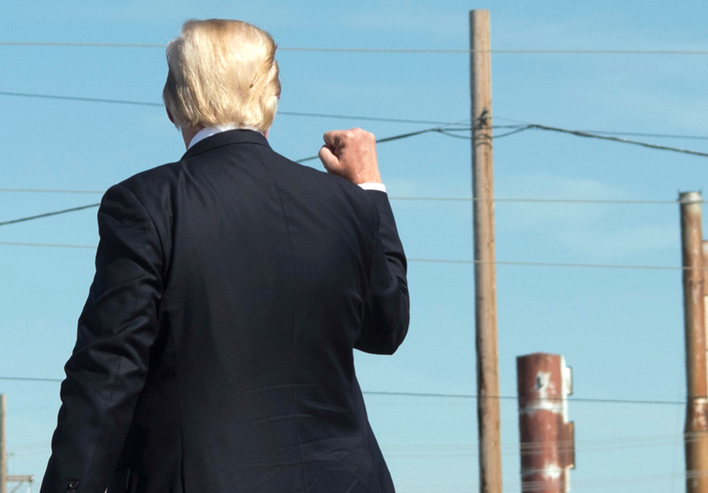 Donald Trump from back facing utility poles and wires
