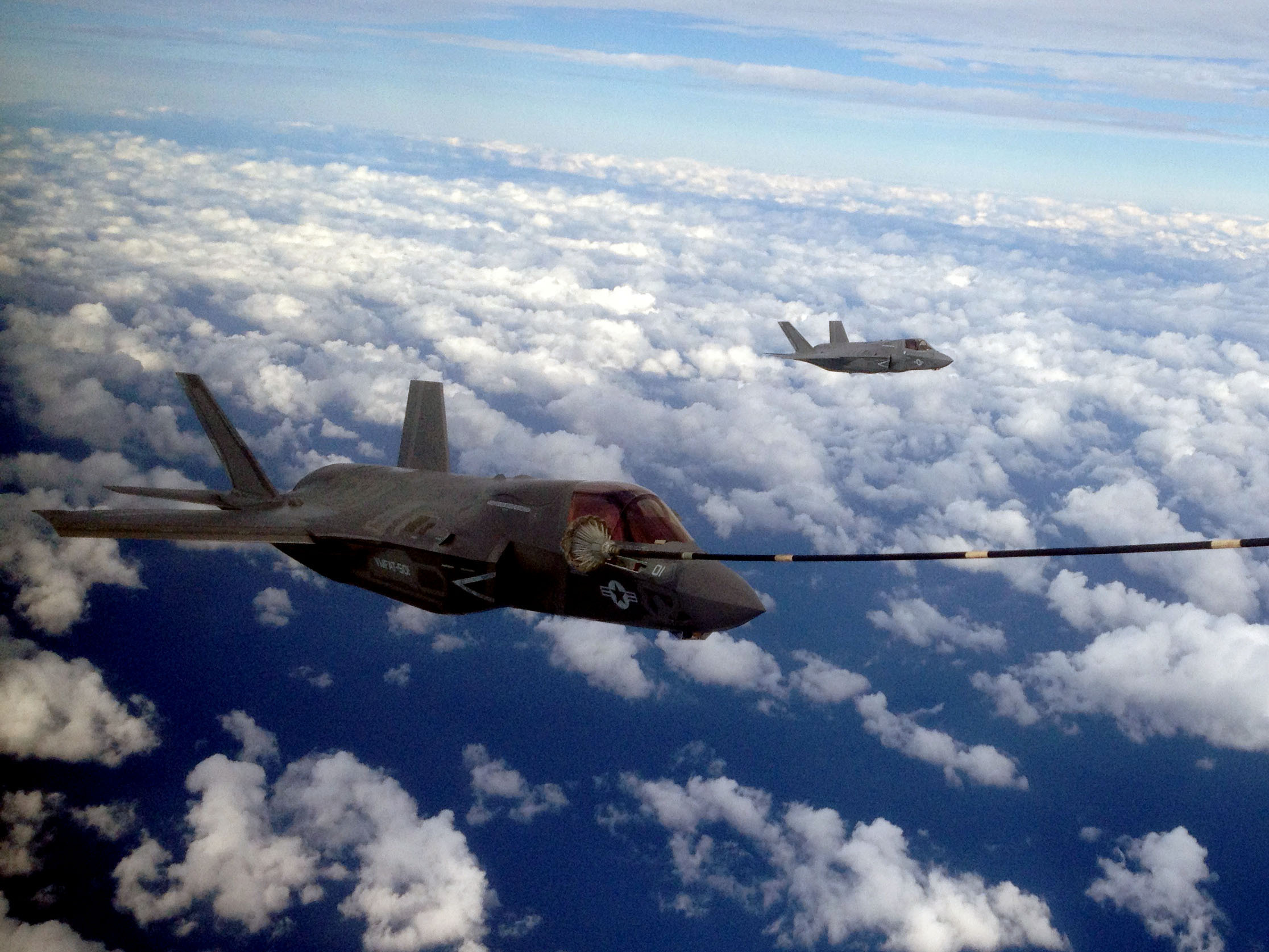 Two F-35B Joint Strike Fighters taking on fuel