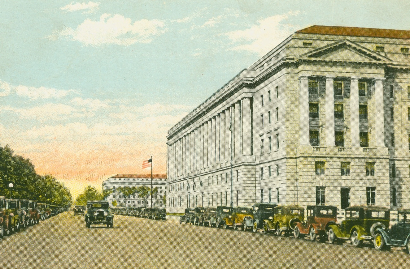 Internal Revenue Service (IRS) Headquarters in early twentieth century with the earliest automobiles