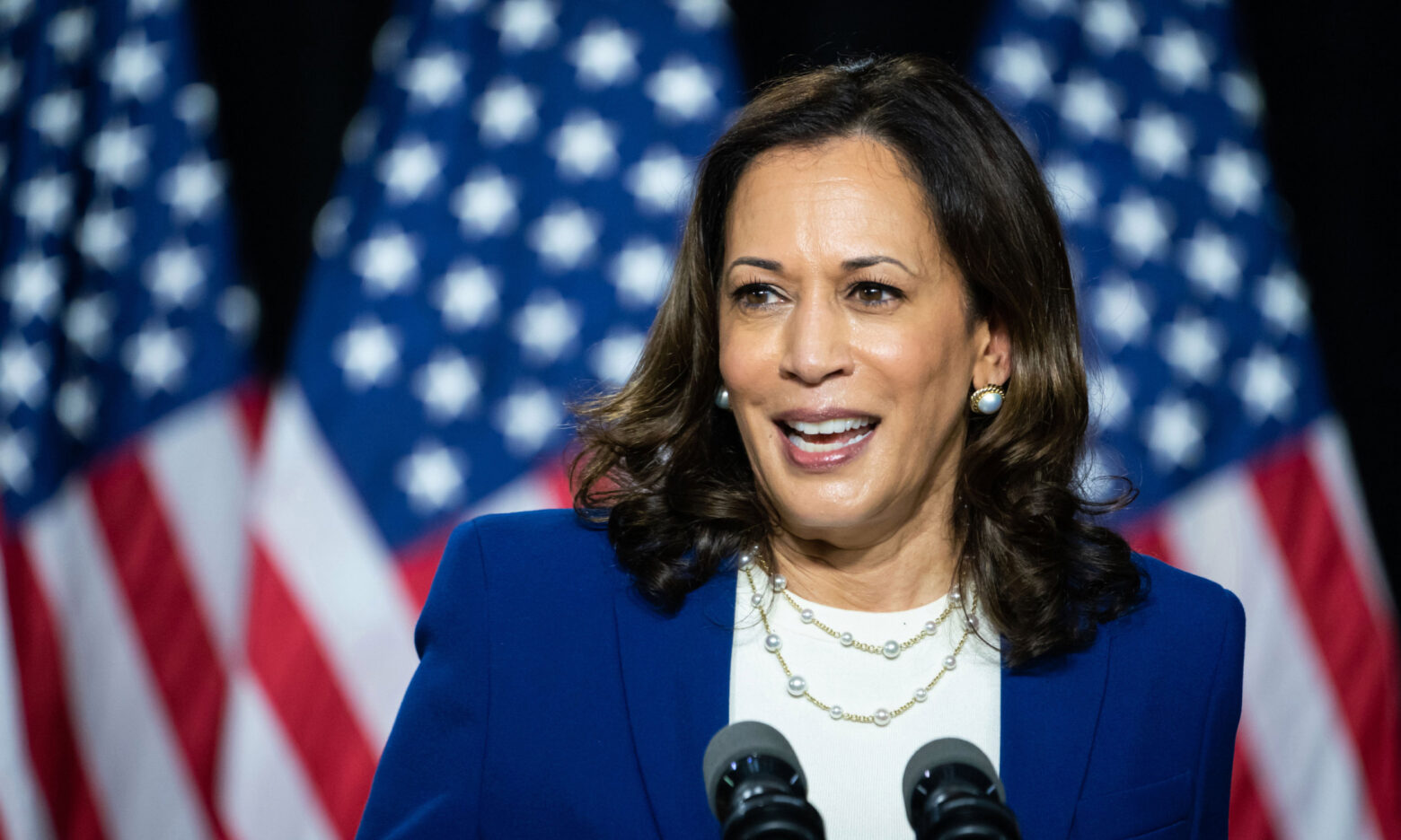 Kamala Harris speaking to a crowd with USA flags as backdrop