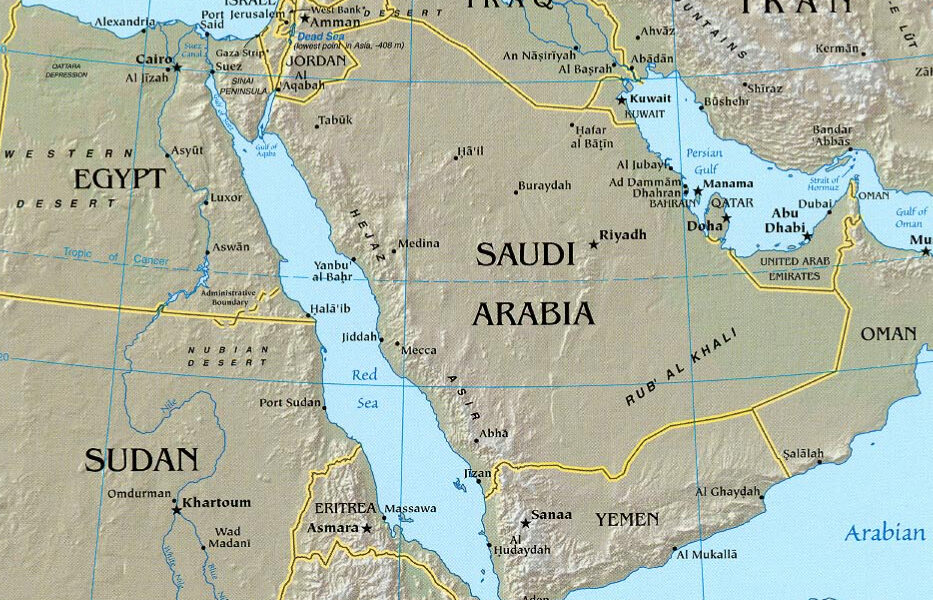 Middle East, political entities - Egypt, Sudan, Saudi Arabia, Yemen, Eritrea, Djibouti, Iran, Iraq, Jordan, and Israel