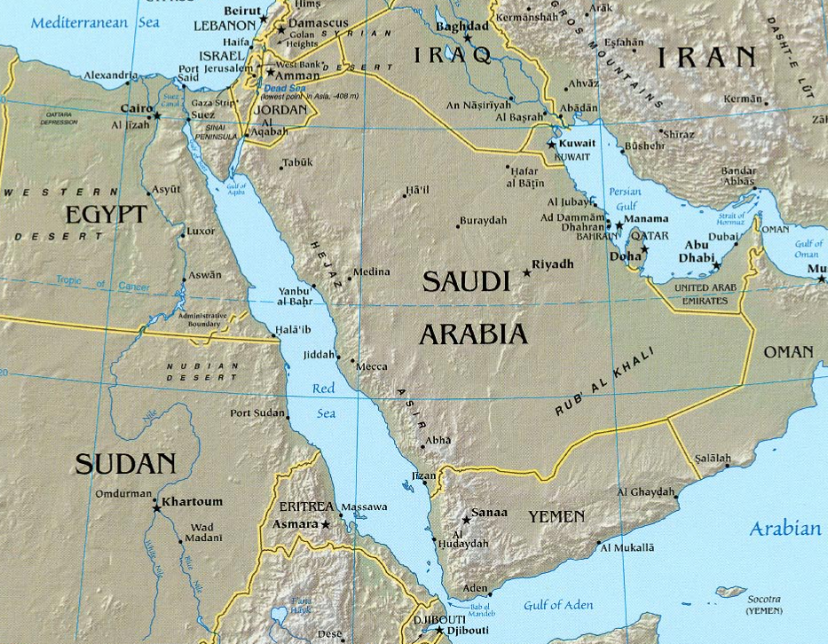 Middle East, political entities - Egypt, Sudan, Saudi Arabia, Yemen, Eritrea, Djibouti, Iran, Iraq, Jordan, and Israel