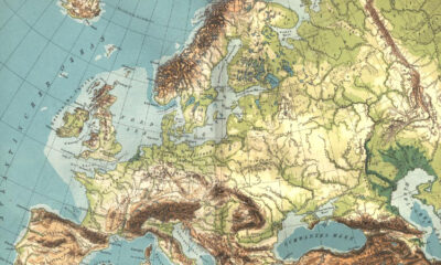 Europe and western Russia, from Spain and Portugal to the Ural Mountains, also showing the Northern Mediterranean and Black Seas, with German legends