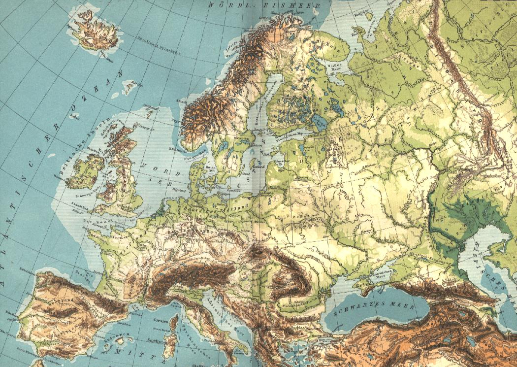 Europe and western Russia, from Spain and Portugal to the Ural Mountains, also showing the Northern Mediterranean and Black Seas, with German legends