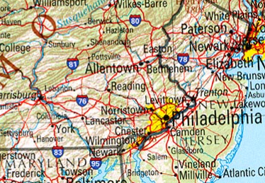 Philadelphia television market road map showing New Jersey and southeastern Pennsylvania