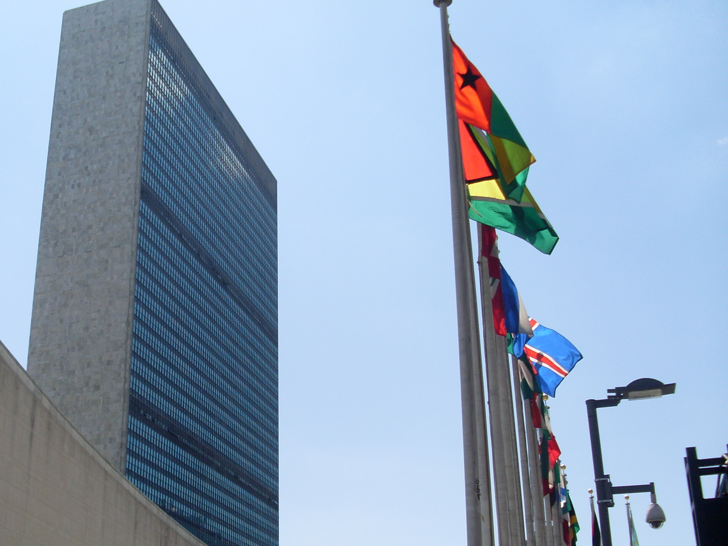 United Nations headquarters, showing the iconic tower and the row of flags