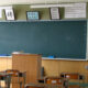 Classroom with Chinese characters on bulletins and chalkboard