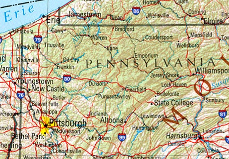 Pennsylvania road map focused on Erie - city, county and Lake