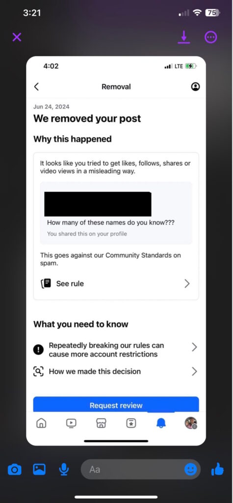 Facebook removal notice smartphone image 1