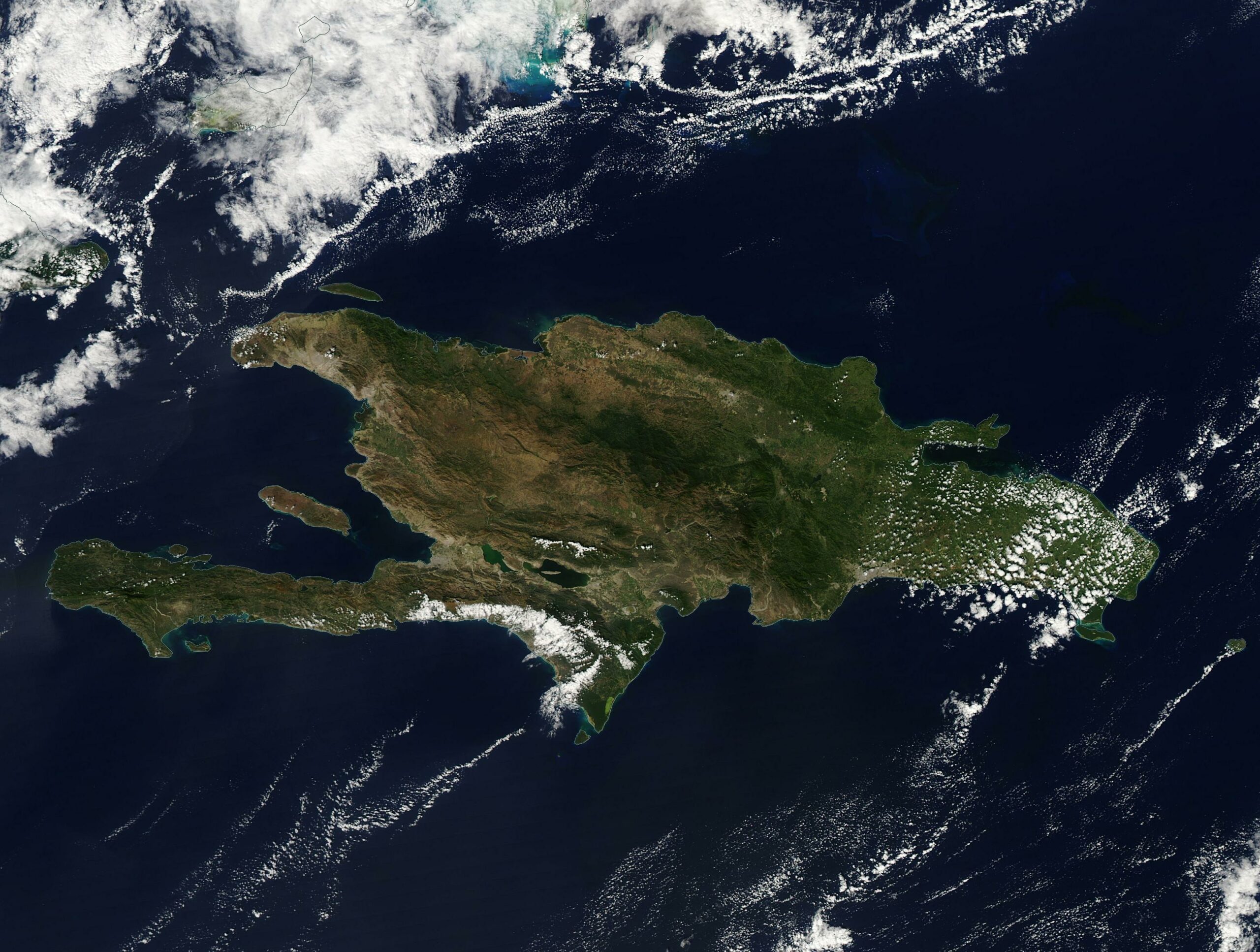 Hispaniola satellite view showing Haiti and Dominican Republic