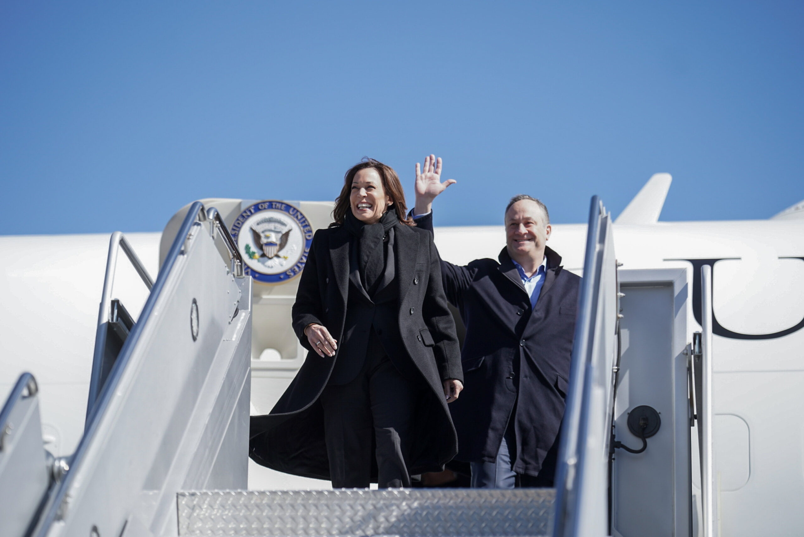 Joe Biden and Kamala Harris deplaning possibly from a C-32