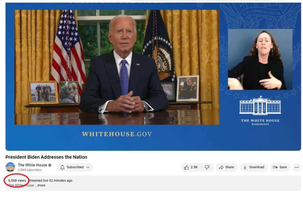 Biden makes a speech and has barely more than 6500 views fifty-two minutes after end of streaming.