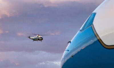 A VH-3D Presidential Helicopter (as Marine One) approaches Joint Base Andrews - from POV of the VC-25A that will take the call sign Air Force One when the President boards it.