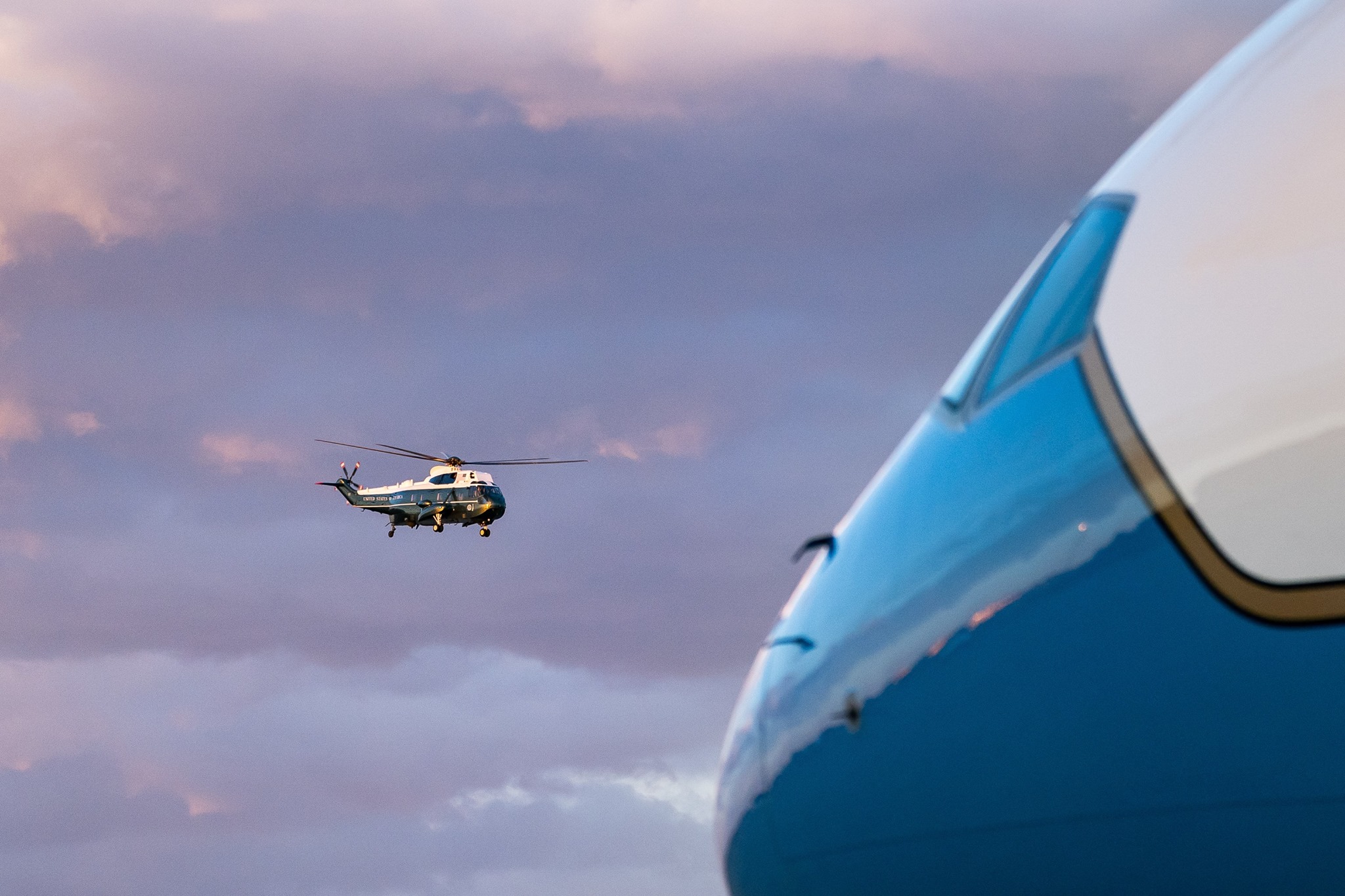 A VH-3D Presidential Helicopter (as Marine One) approaches Joint Base Andrews - from POV of the VC-25A that will take the call sign Air Force One when the President boards it.