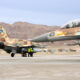 Israeli F-16CGs taxis toward the end of the runway at Nellis Air Force Base, Nevada