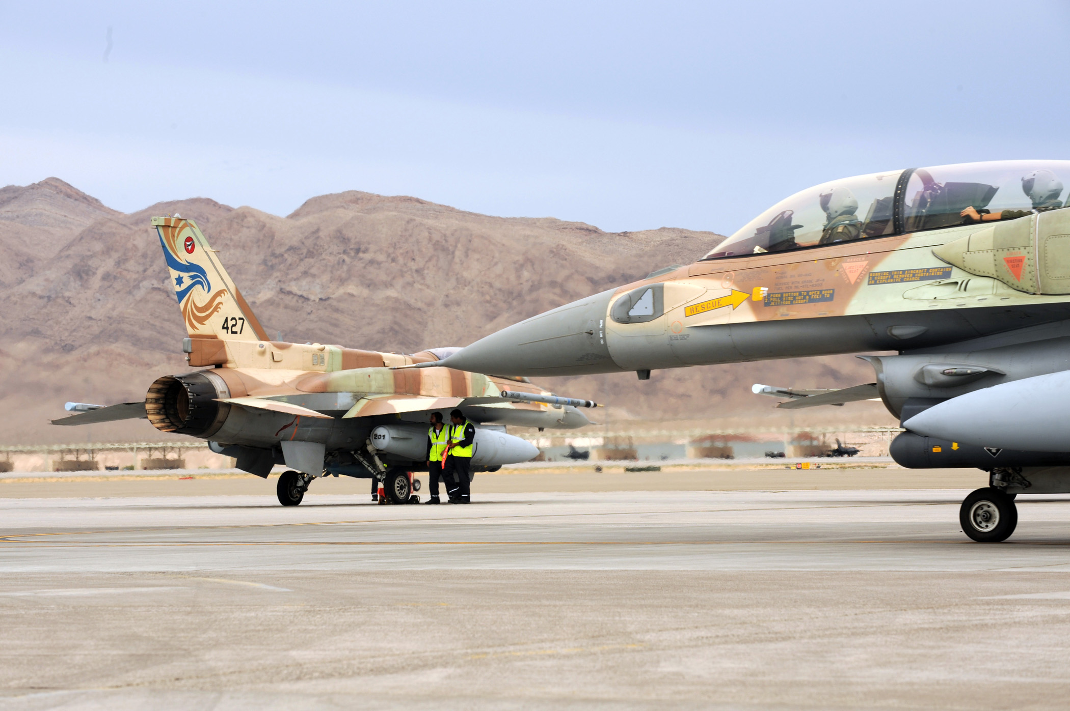 Israeli F-16CGs taxis toward the end of the runway at Nellis Air Force Base, Nevada